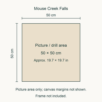 Size guide for this design: 50 × 50 cm (approximately 19.7 × 19.7 in) picture/drill area. Canvas margins and outer frame dimensions are not shown. Frame not included.