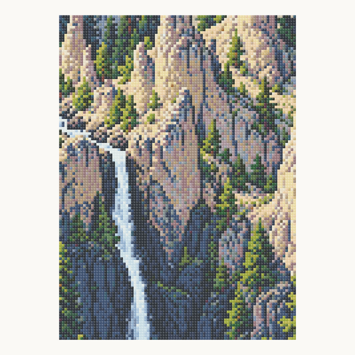 Tower Fall — enlarged local digital square-drill detail of the waterfall and pale pinnacles from the 50 × 50 cm pattern; not a finished sample photo.