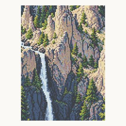 Tower Fall — enlarged local digital square-drill detail of the waterfall and pale pinnacles from the 50 × 50 cm pattern; not a finished sample photo.