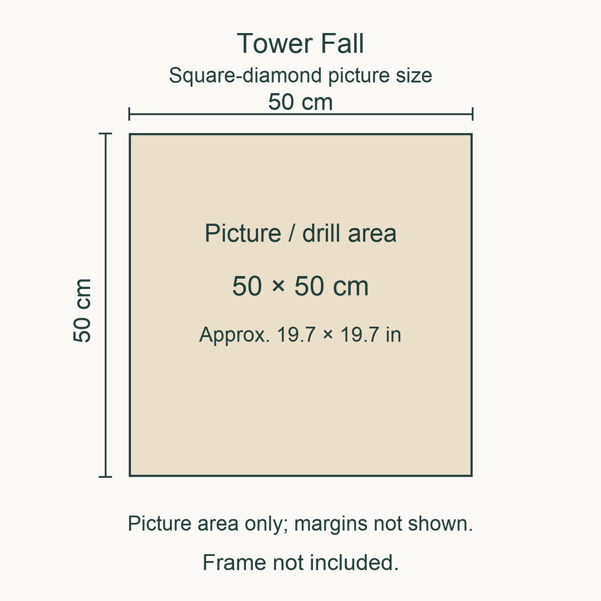 This design: 50 × 50 cm (approximately 19.7 × 19.7 in) picture/drill area. Canvas margins and outer frame dimensions are not shown. Frame not included.