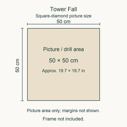 This design: 50 × 50 cm (approximately 19.7 × 19.7 in) picture/drill area. Canvas margins and outer frame dimensions are not shown. Frame not included.
