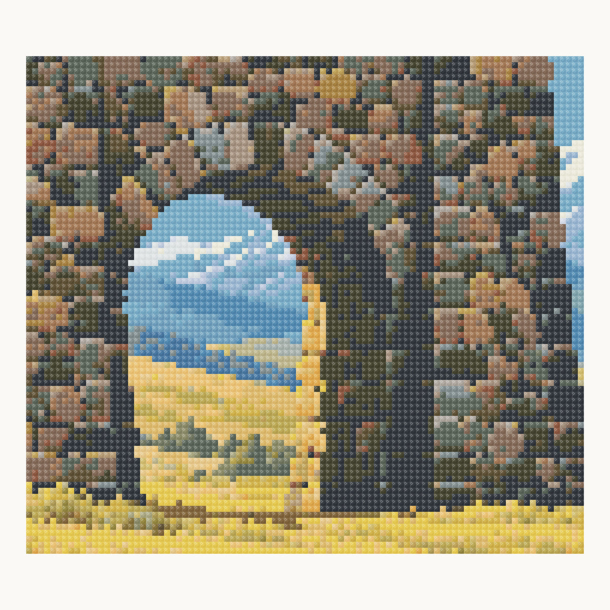 Local digital square-drill detail of the rounded arch opening and basalt masonry from the 50 × 50 cm design. Digital simulation, not a finished-sample photograph.