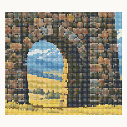 Local digital square-drill detail of the rounded arch opening and basalt masonry from the 50 × 50 cm design. Digital simulation, not a finished-sample photograph.