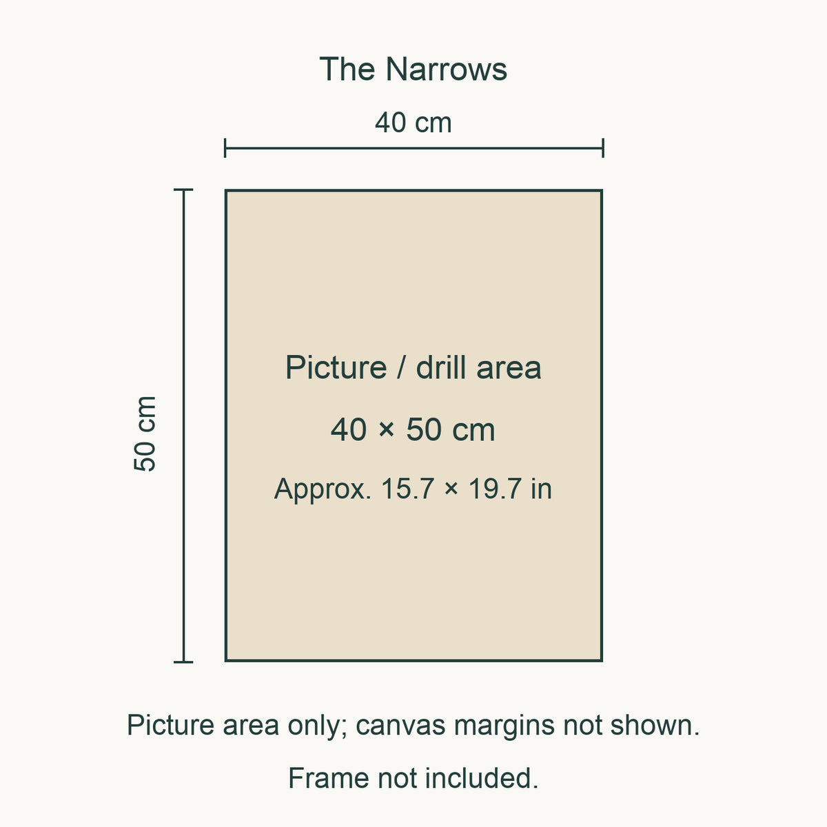 Size guide for this design: 40 × 50 cm (approximately 15.7 × 19.7 in) picture/drill area. Canvas margins and outer frame dimensions are not shown. Frame not included.