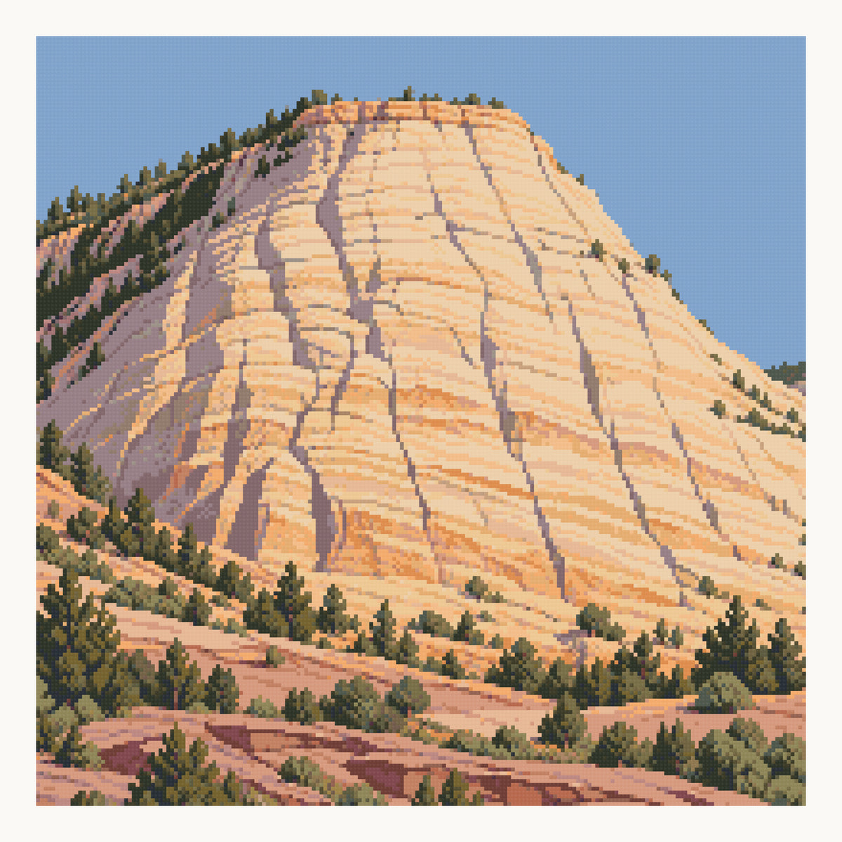 Checkerboard Mesa — original Zion artwork, shown as a digital preview of the 50 × 50 cm picture area. Finished colors and sparkle can vary.
