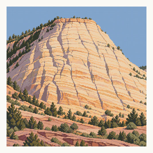 Checkerboard Mesa — original Zion artwork, shown as a digital preview of the 50 × 50 cm picture area. Finished colors and sparkle can vary.