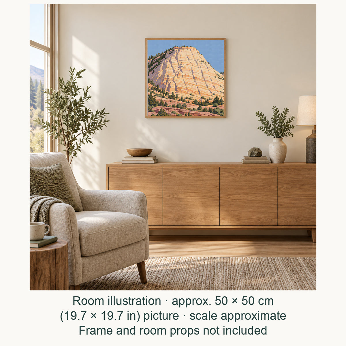 Room illustration showing an approximately 50 × 50 cm (19.7 × 19.7 in) picture, excluding the frame. Frame and room props not included; room scale is approximate.