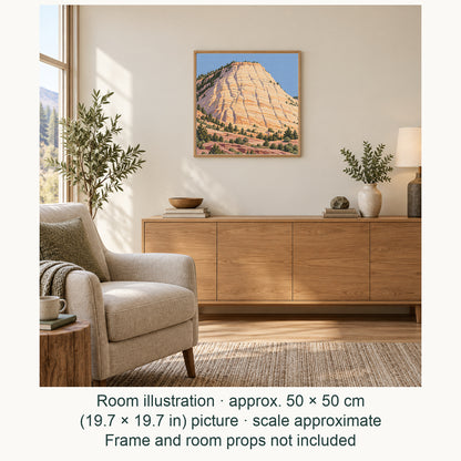Room illustration showing an approximately 50 × 50 cm (19.7 × 19.7 in) picture, excluding the frame. Frame and room props not included; room scale is approximate.