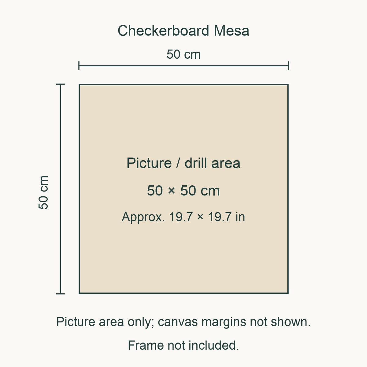 Size guide for this design: 50 × 50 cm (approximately 19.7 × 19.7 in) picture/drill area. Canvas margins and outer frame dimensions are not shown. Frame not included.