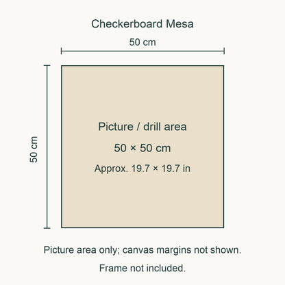 Size guide for this design: 50 × 50 cm (approximately 19.7 × 19.7 in) picture/drill area. Canvas margins and outer frame dimensions are not shown. Frame not included.