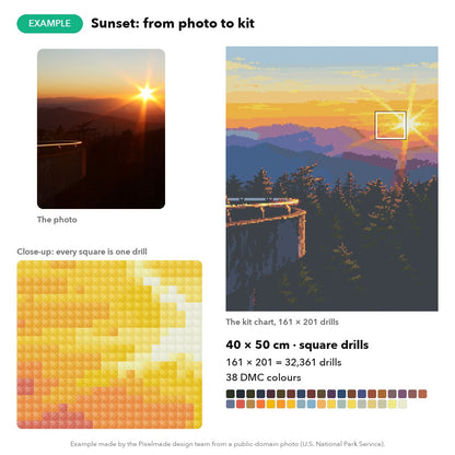Example: a mountain sunset photo made into a 40 × 50 cm custom diamond painting chart, 161 × 201 square drills, 38 DMC colours