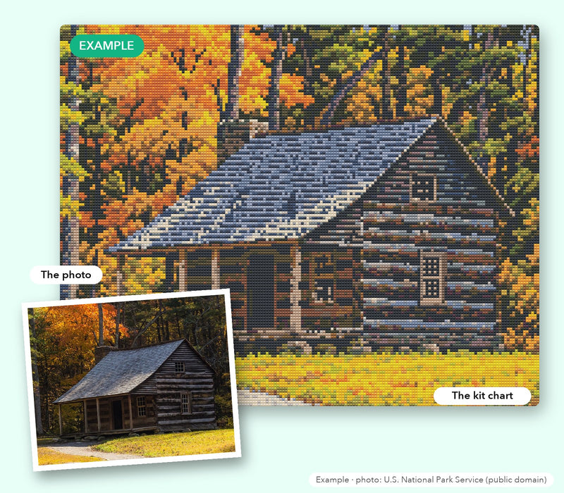 Example: a log cabin photo next to the custom diamond painting chart our designers made from it (photo: U.S. National Park Service, public domain)