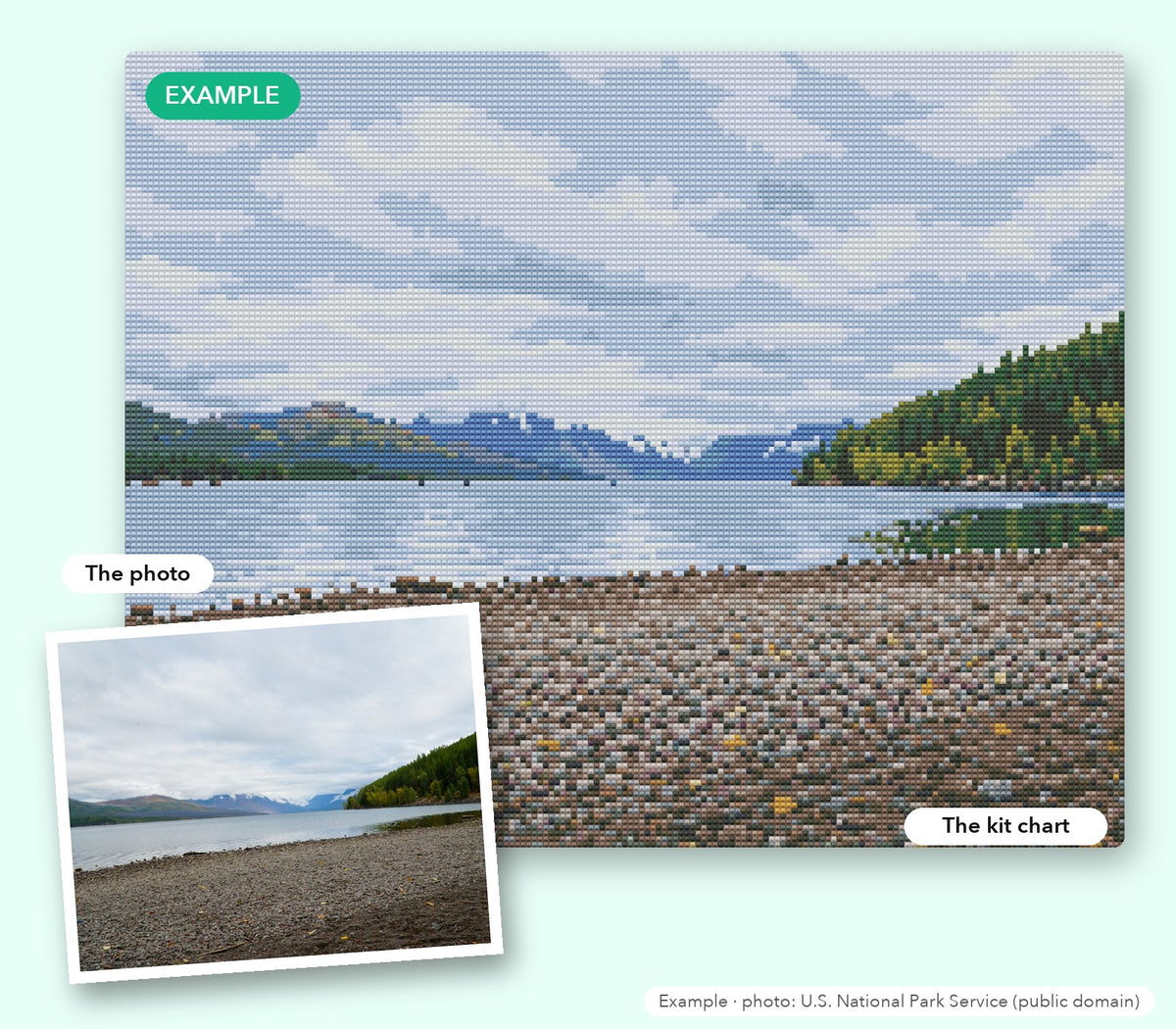 Example: a mountain lake photo next to the custom diamond painting chart our designers made from it (photo: U.S. National Park Service, public domain)