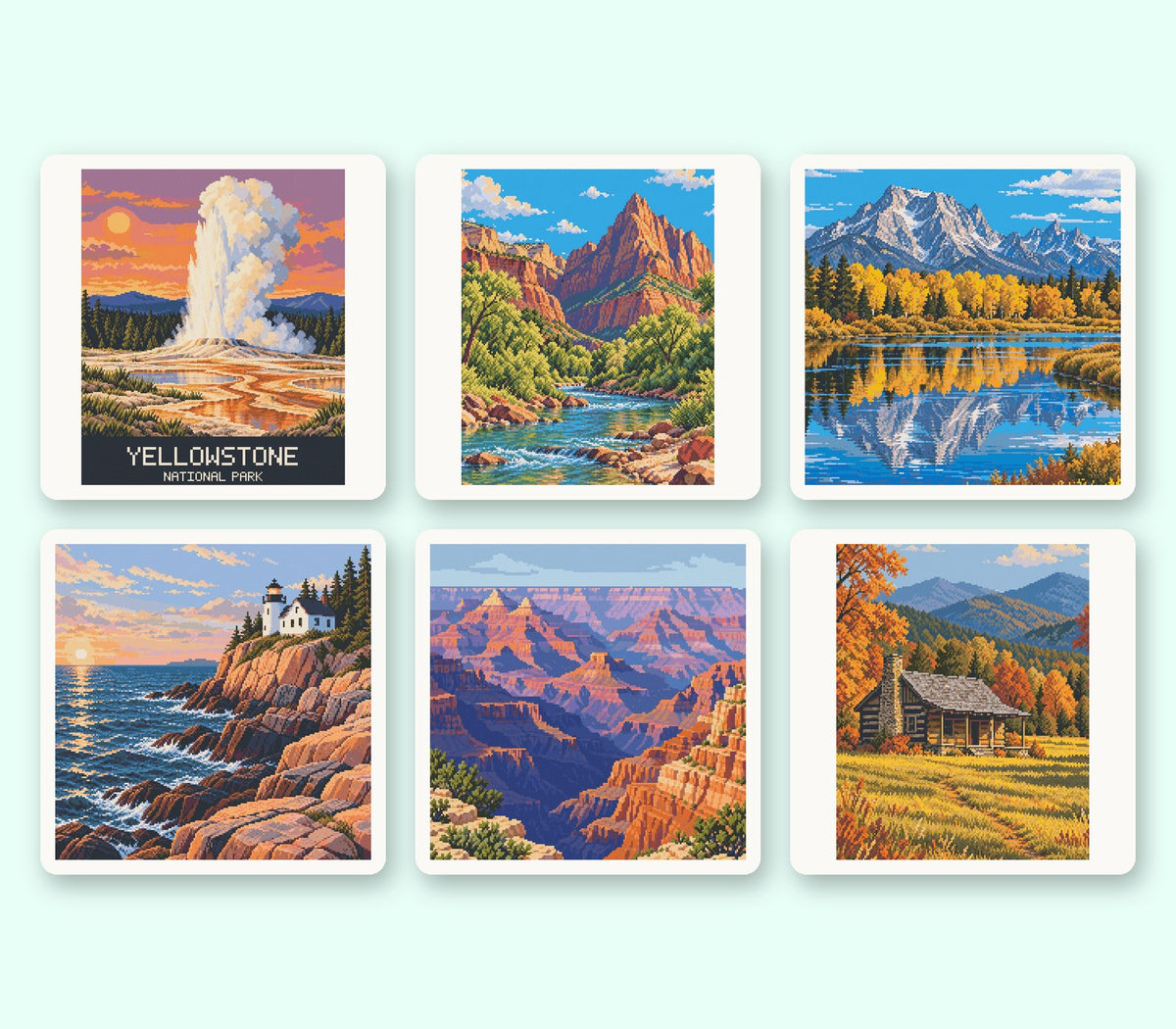 Original Pixelmade national park diamond painting kits: Yellowstone, Zion, Grand Teton, Acadia, Grand Canyon and Great Smoky Mountains