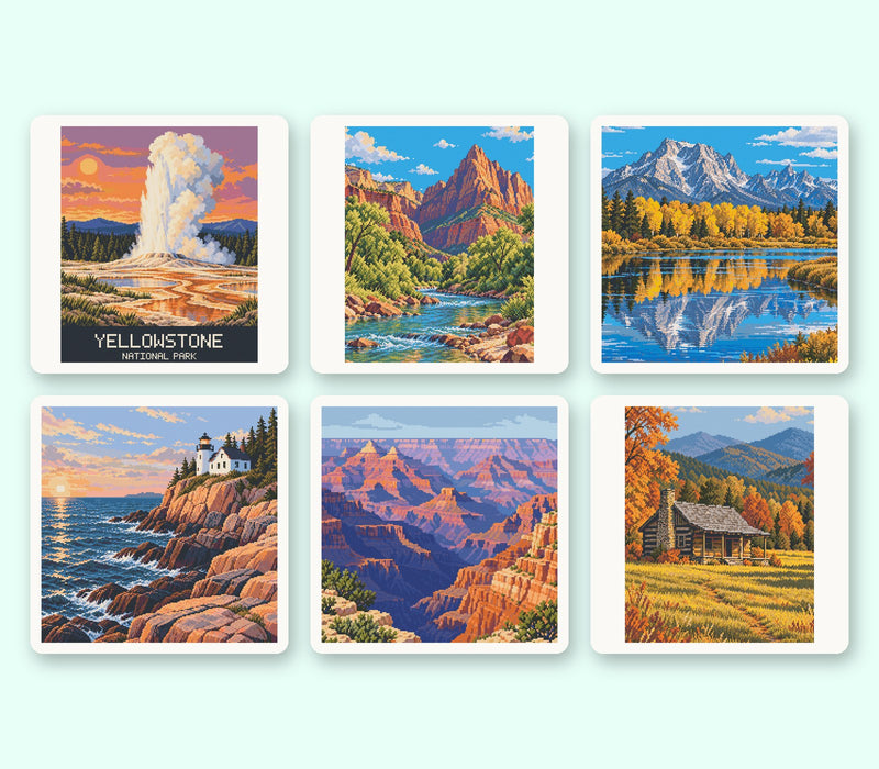 Original Pixelmade national park diamond painting kits: Yellowstone, Zion, Grand Teton, Acadia, Grand Canyon and Great Smoky Mountains