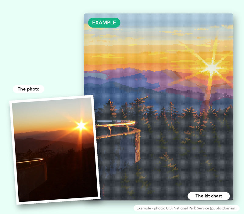 Example: a mountain sunset photo next to the custom diamond painting chart our designers made from it (photo: U.S. National Park Service, public domain)