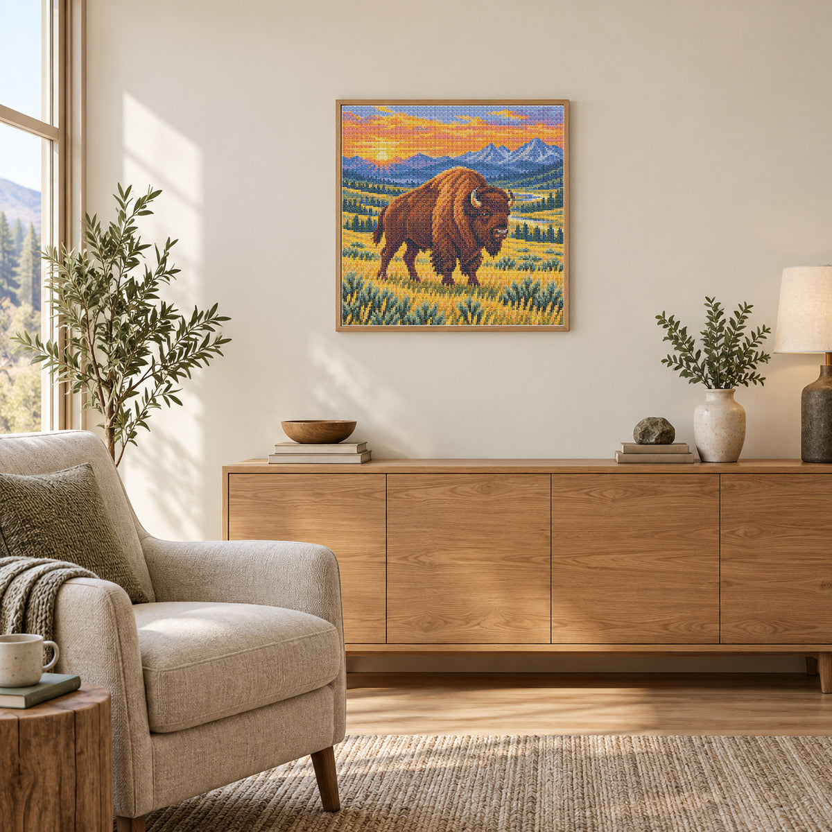 Lamar Valley Bison — warm reading room illustration showing an approximately 40 × 40 cm (16 × 16 in) picture. Frame not included; room scale is approximate.