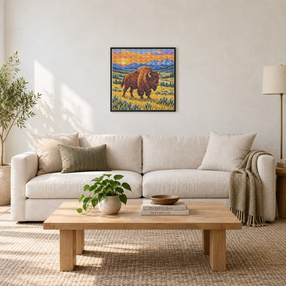 Lamar Valley Bison — linen living room illustration showing an approximately 40 × 40 cm (16 × 16 in) picture. Frame not included; room scale is approximate.