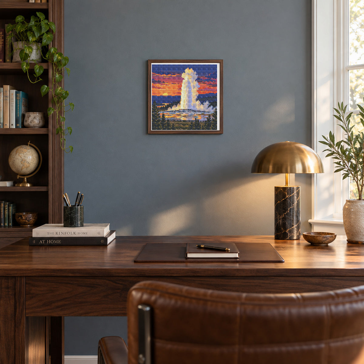 Old Faithful — walnut study illustration showing an approximately 30 × 30 cm (12 × 12 in) picture. Frame not included; room scale is approximate.