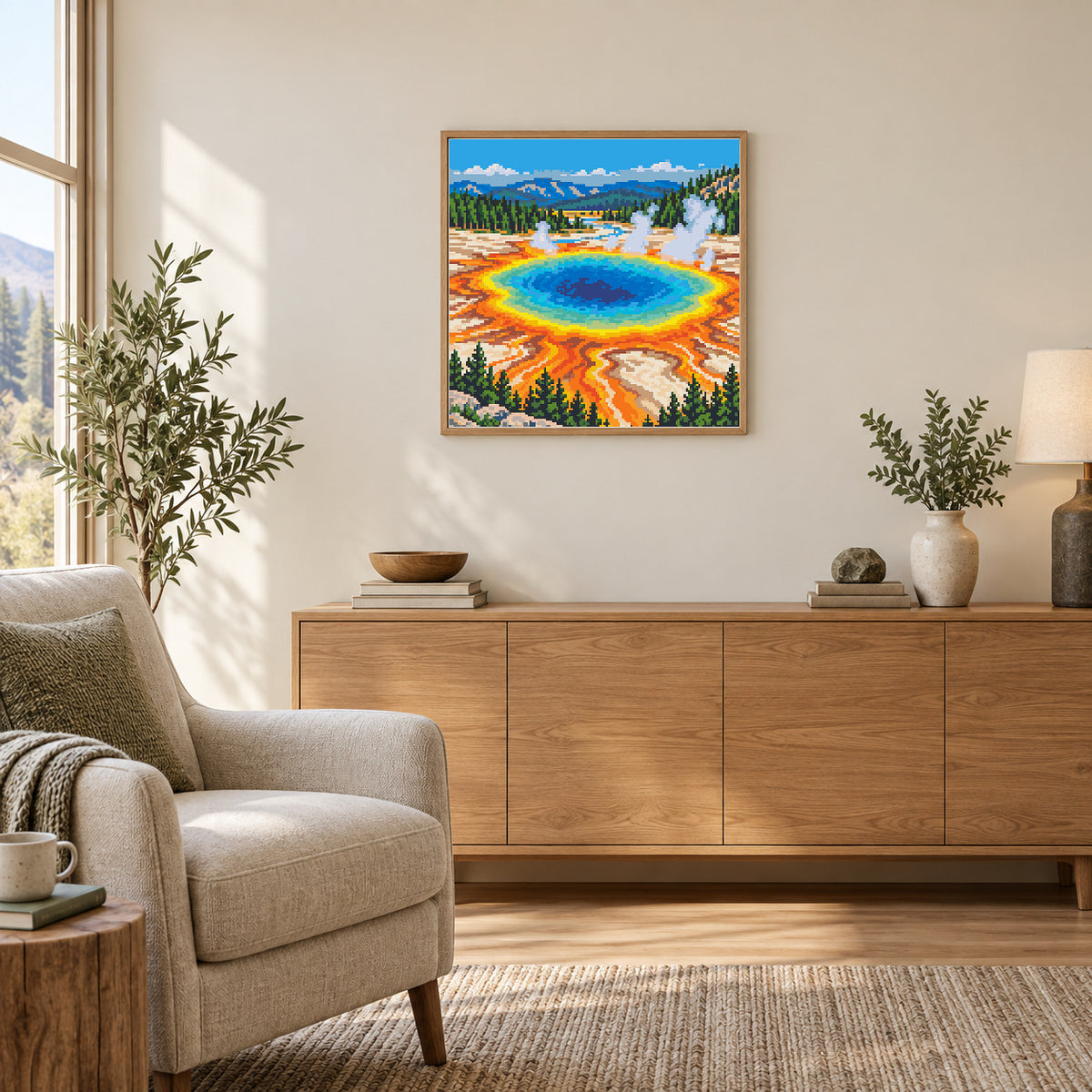 Grand Prismatic Spring — chart-derived warm reading room illustration showing an approximately 40 × 40 cm (16 × 16 in) picture. Frame not included; room scale is approximate.