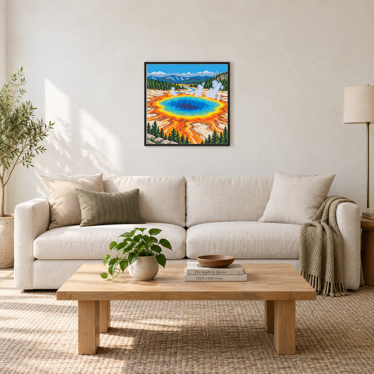 Grand Prismatic Spring — chart-derived linen living room illustration showing an approximately 40 × 40 cm (16 × 16 in) picture. Frame not included; room scale is approximate.