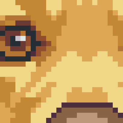 A 24 by 24 cell detail of the same chart around the dog's eyes, where each individual drill cell is visible as a flat square