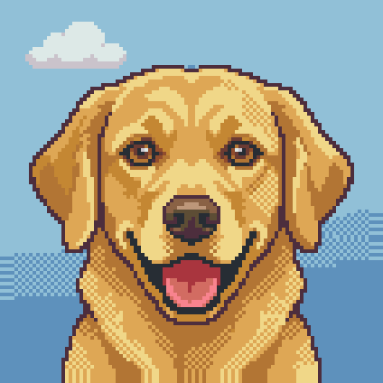 A complete diamond-art chart of a golden retriever, 106 by 106 cells, each cell one flat DMC color