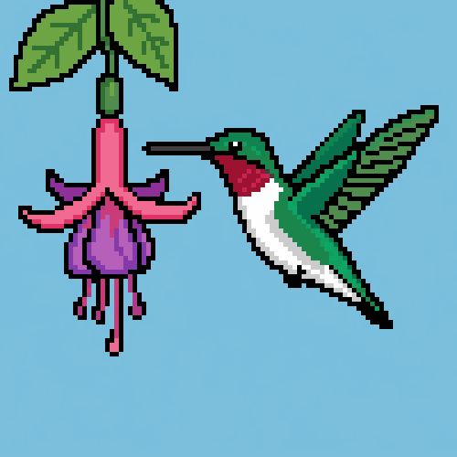 Hummingbird & fuchsia as true-grid pixel art, 100×100 cells in 24 colors, recovered from a Gemini render