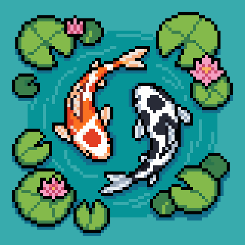Koi pond as true-grid pixel art, 80×80 cells in 24 colors, recovered from a Gemini render