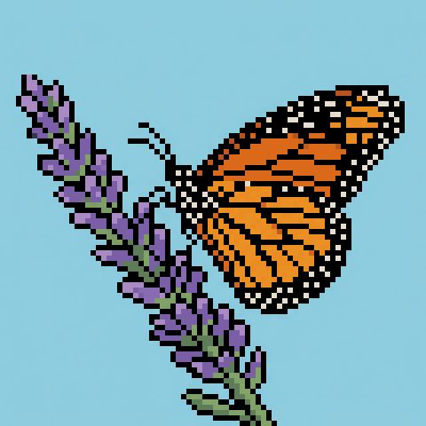 Monarch on lavender as true-grid pixel art, 80×80 cells in 24 colors, recovered from a Gemini render