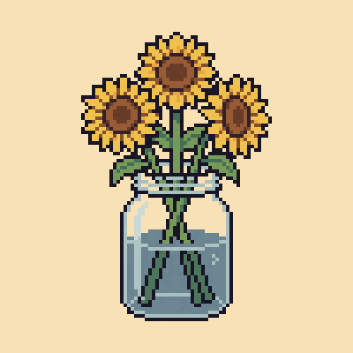 Sunflowers in a jar as true-grid pixel art, 100×100 cells in 24 colors, recovered from a Gemini render