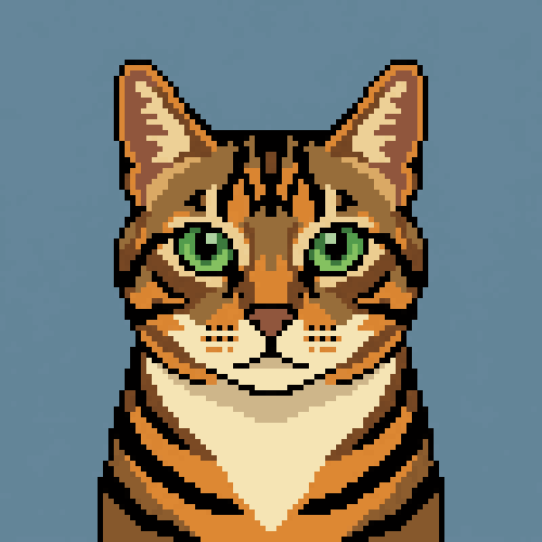 Tabby cat as true-grid pixel art, 100×100 cells in 24 colors, recovered from a Gemini render