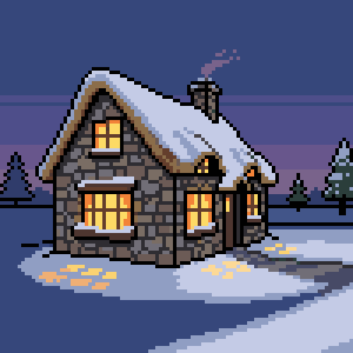 Winter cottage as true-grid pixel art, 100×100 cells in 24 colors, recovered from a Gemini render